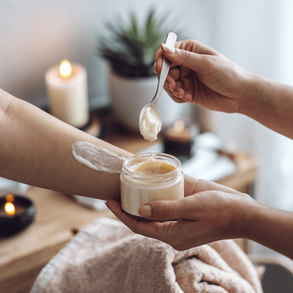 Woman's hands applying body butter to her skin. Mumu Bath body butter is in a jar and is being scooped out with a spoon. The woman's hands are visible, and the body butter is being applied to her forearm. 