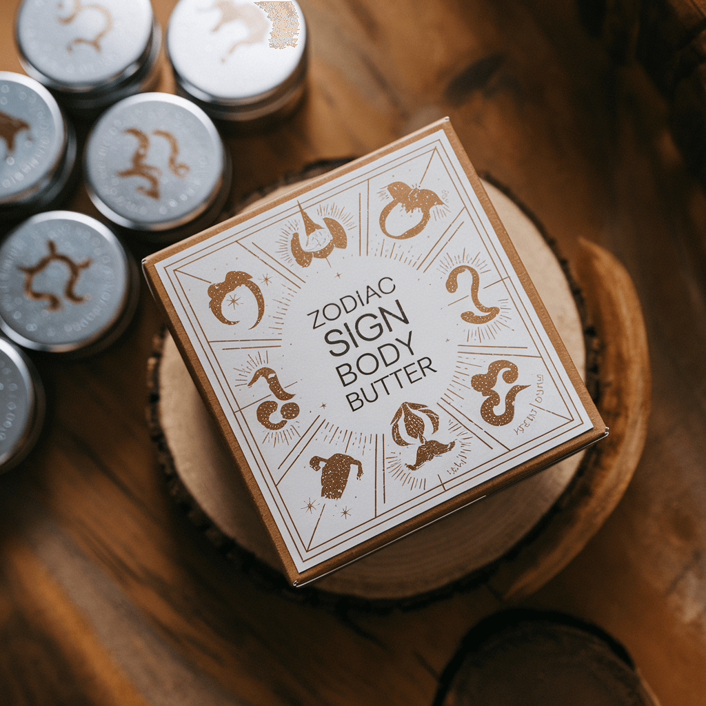 Box of Zodiac Sign Body Butter. It has a white label with the text "Zodiac Sign Body Butter" and a picture of a zodiac sign.