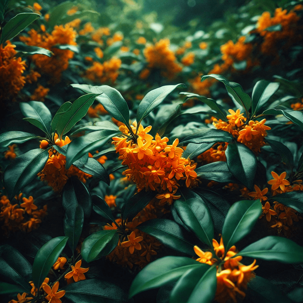 vibrant Osmanthus plant with lush green leaves and orange flowers