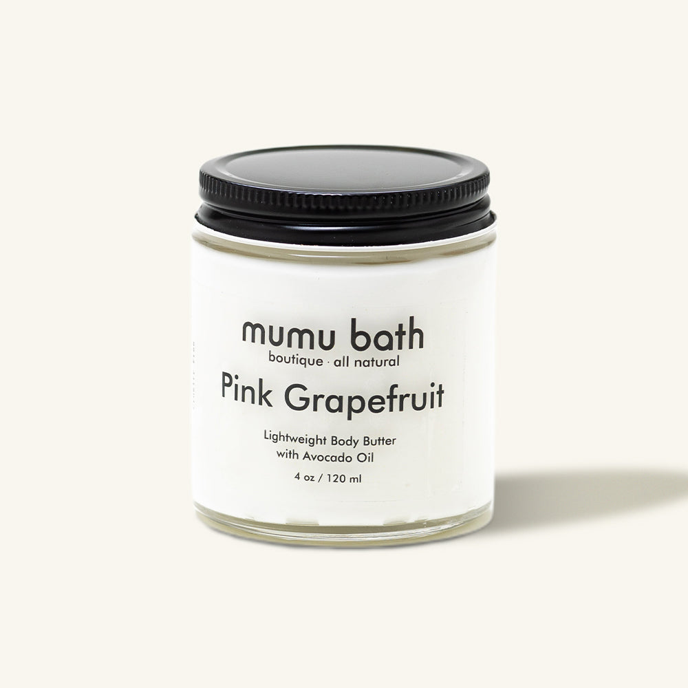 Jar of Mumu Bath Pink Grapefruit Lightweight Body Butter with Avocado Oil, 4 oz.